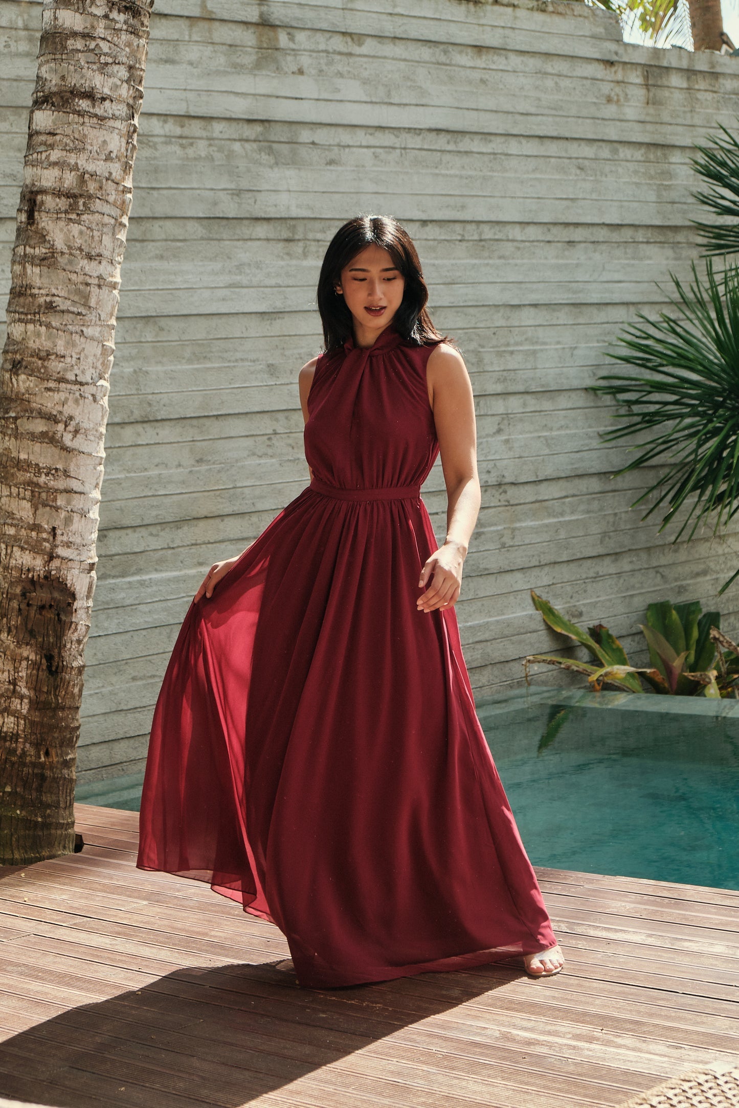 Tiered Peplum Halter Maxi Gown