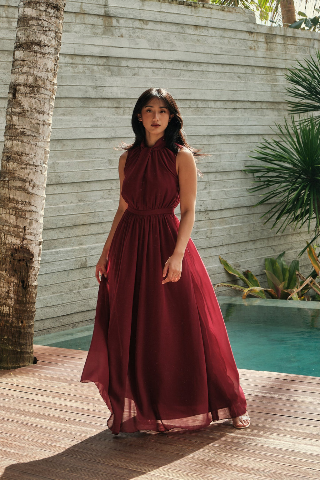 Tiered Peplum Halter Maxi Gown