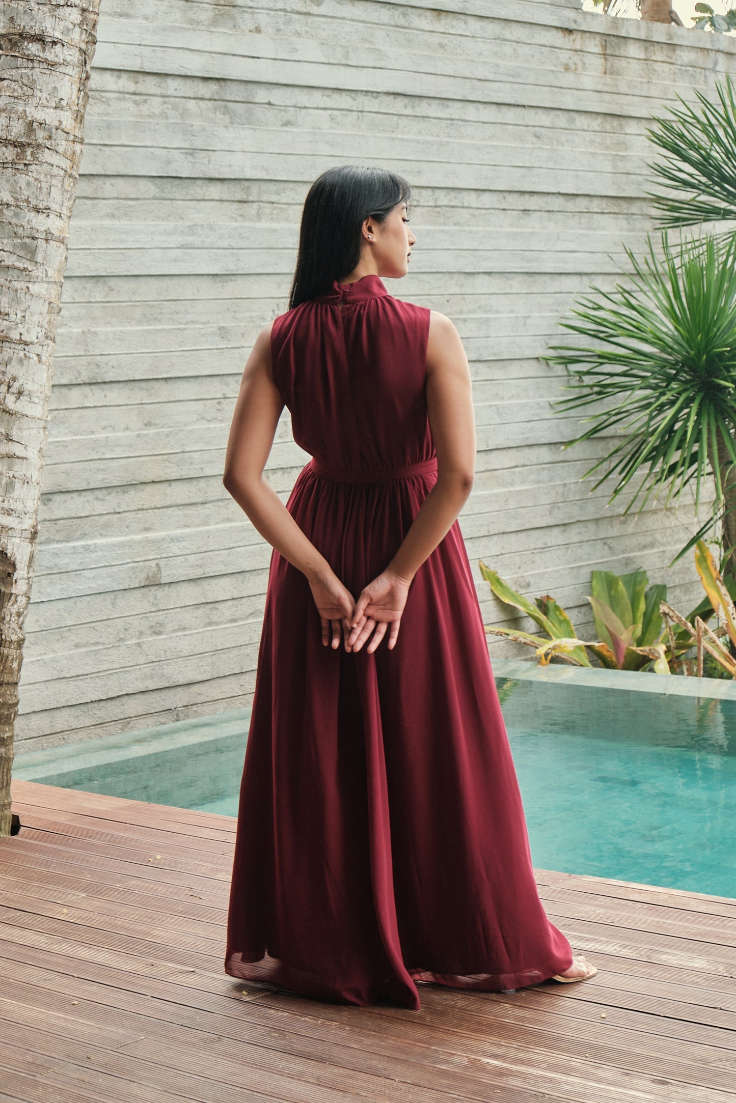 Tiered Peplum Halter Maxi Gown