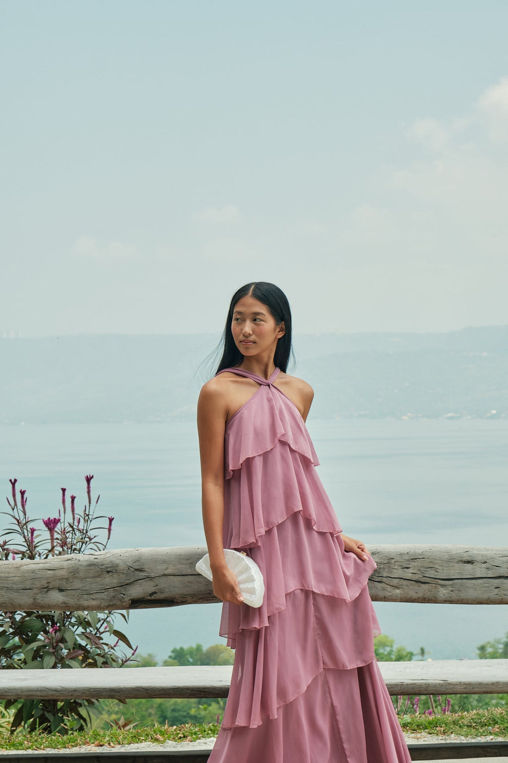 Tiered Mauve Halter Maxi  Gown