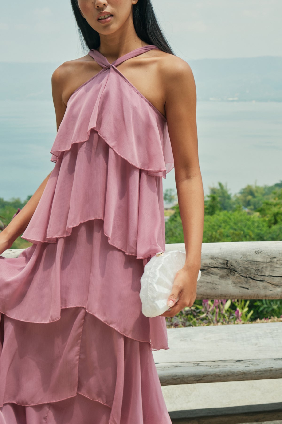 Tiered Mauve Halter Maxi  Gown